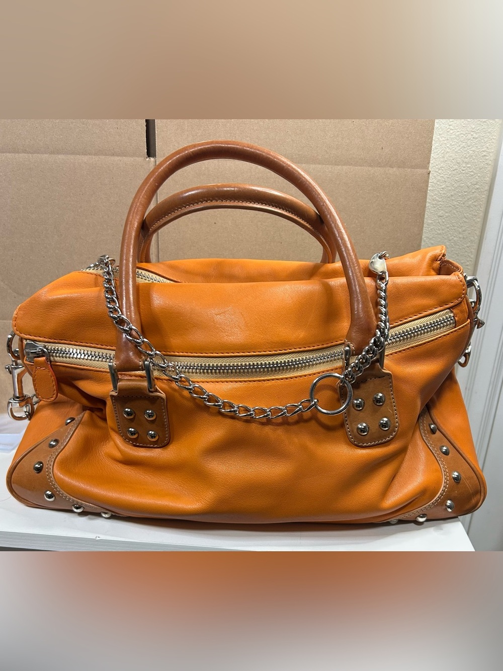 VNT Y2K Authentic Emilio Pucci Orange Leather Studded Satchel Bag 🇮🇹